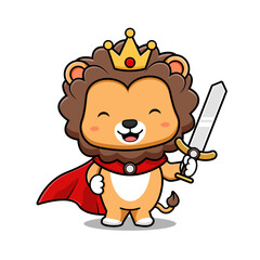 Cute Lion King Holding Sword Mascot Animal Character Icon Illustration. Flat Cartoon Style Suitable for Web Landing Page, Banner, Sticker, Card