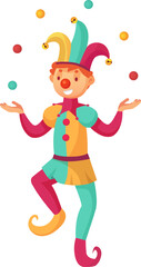 Colorful cartoon illustration of a joker juggling colorful balls, wearing a colorful jester suit and hat with bells, smiling and standing on one leg