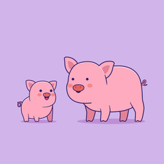 Vector illustration of cute pig and piglets in cartoon style.