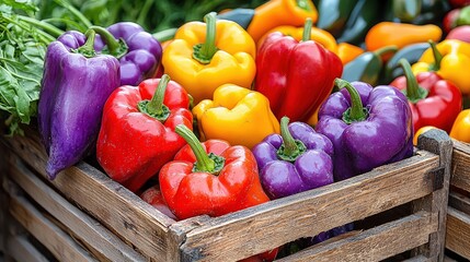A vibrant crate filled with freshly harvested peppers in various colors displayed on a rustic surface