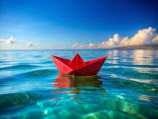 Fototapeta premium Red Origami Boat Floating on Calm Blue Sea - High Resolution Stock Photo