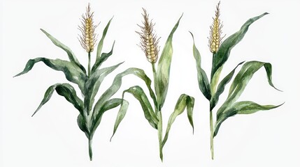 Obraz premium Watercolor Illustration of Corn Plant with Green Leaves and Yellow Ears