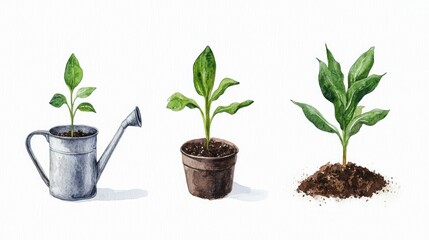 Growth Stages of Plants in Different Containers with Watering Can