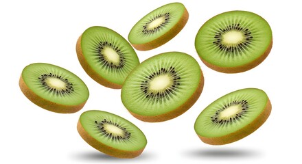 Fototapeta premium Kiwi slices flying in mid-air, isolated on white