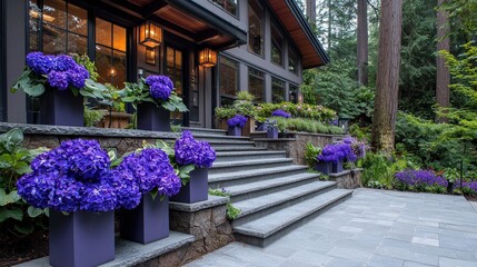 Charming house surrounded by vibrant purple flowers creating a picturesque garden setting