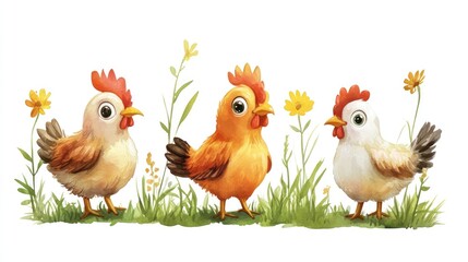 Naklejka premium Cute Cartoon Chickens in Colorful Garden Setting with Flowers