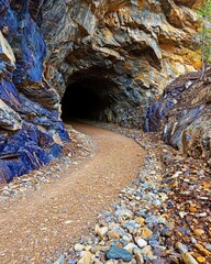 A rocky trail leading through a natural tunnel surrounded by lush vegetation and scenic views
