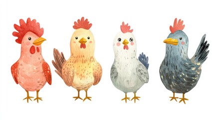 Fototapeta premium Colorful Hand-Drawn Chickens with Unique Features and Expressions
