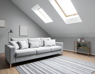 Serene Attic Living Room with Skylights and Grey Sofa