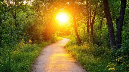 Naklejka premium Sunlight path through a verdant forest trail.