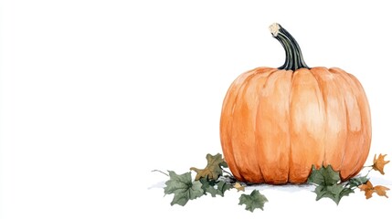 Vibrant Orange Pumpkin Surrounded by Green Leaves and Autumn Colors