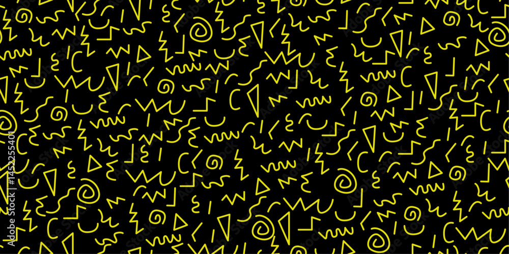 Fototapete Repeating pattern of yellow geometric shapes on a black background. The shapes include triangles, zig-zag lines, curved lines, and spirals.