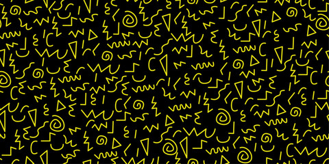 Repeating pattern of yellow geometric shapes on a black background. The shapes include triangles, zig-zag lines, curved lines, and spirals.