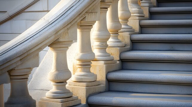 Architectural Harmony: Detailed shot of the elegant staircase, adorned with sculpted pillars and railings, evoking a sense of timeless sophistication. A study in angles, curves and light.