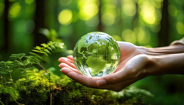 Gentle hands cradle a glass globe in a lush green forest.  The image evokes themes of environmentalism, sustainability, and the delicate balance of nature.