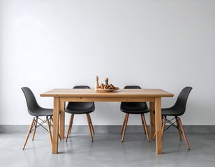 Minimalist Dining Room Interior Design: Modern Wooden Table with Black Chairs Against a White Wall