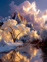 Serene winter landscape with frosted trees and majestic mountains under colorful clouds at sunset