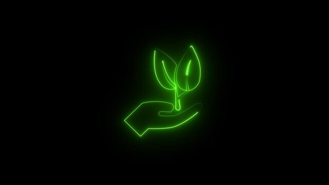 Glowing neon line of sprout icon inside moving circle.    Glowing and Nature Conservation black background .