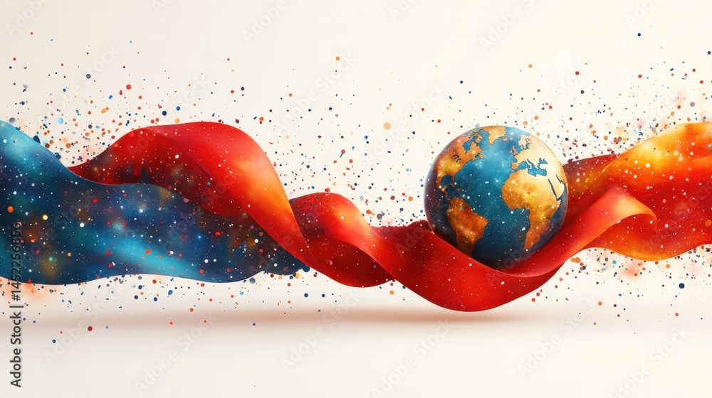 Poster colorful abstract design with vibrant ribbons and a globe representing global unity and creativity