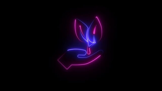 Glowing neon line of sprout icon inside moving circle.    Glowing and Nature Conservation black background .