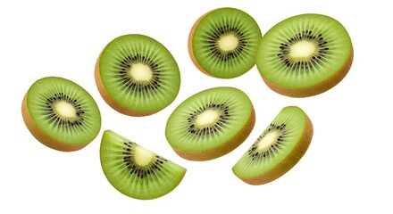 Fototapeta premium Kiwi slices flying in mid-air, isolated on white