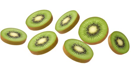 Fototapeta premium Kiwi slices flying in mid-air, isolated on white