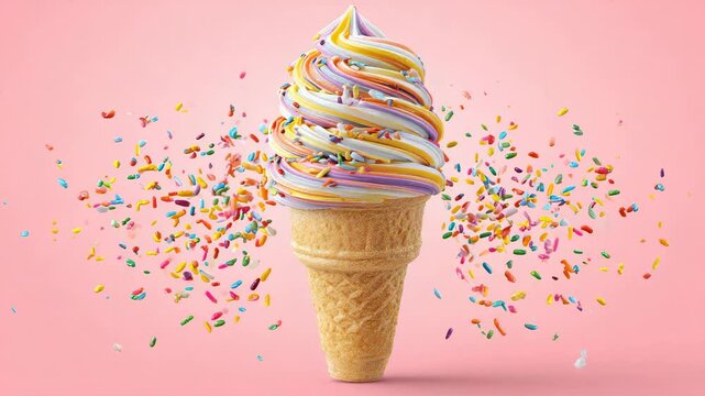 Colorful swirl soft serve ice cream cone with vibrant rainbow sprinkles on pink background for summer concept