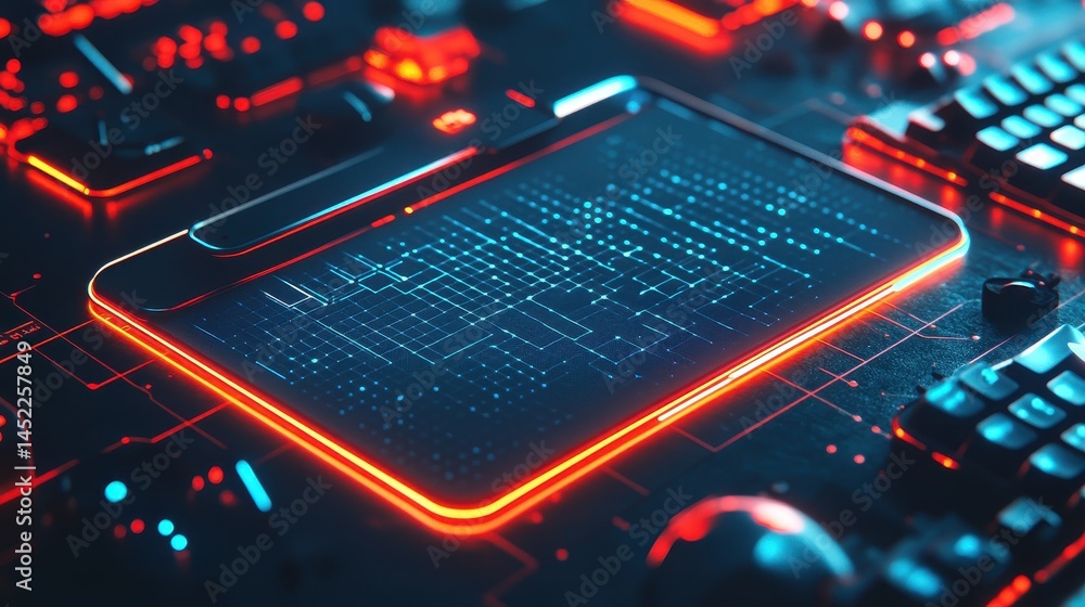 Poster futuristic digital tablet interface on a complex circuit board.
