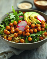 A nutrient-packed quinoa salad with crispy roasted chickpeas, arugula, thinly sliced radishes, avocado slices, and a drizzle of creamy tahini dressing. The dish is presented in a neutral-toned ceramic