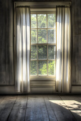 Window of Serenity: A sunlit window frames a vibrant, flourishing outdoor scene. The light cascades into the interior, illuminating the elegant curtains and a well-worn wooden floor.