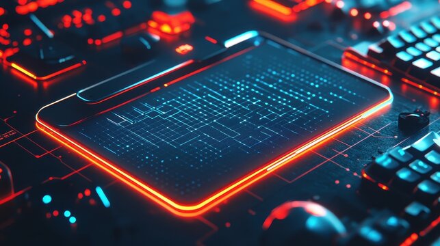 Futuristic digital tablet interface on a complex circuit board. - Powered by Adobe