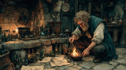 Alchemist working by fire in medieval setting
