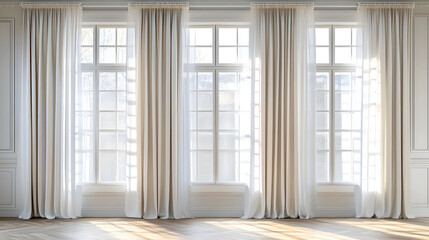 Fototapeta premium Elegant Interior: Sunlight streams through sheer curtains of a spacious room, showcasing the classic architectural details. the serene atmosphere, invites a sense of calm and sophistication.