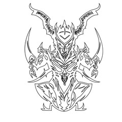 Intricate monochromatic linework of a fierce mythical warrior character design