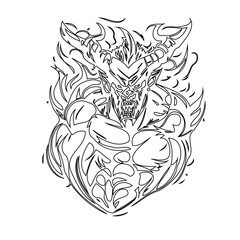 Stylized depiction of a horned demon with muscular physique line art illustration