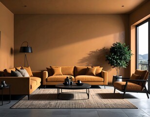 Modern Living Room Interior Design:  Mustard Yellow Sofa, Warm Lighting, and Minimalist Decor