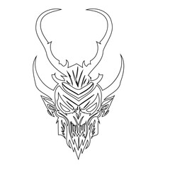 Abstract fantasy creature sketch with horns and mask intricate line art design
