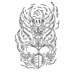 Intricate line drawing of a mythical horned figure, radiating ominous energy
