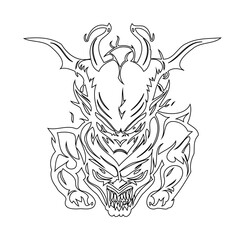 Intricate line art depicting a dual-faced mythological creature with ornate horns