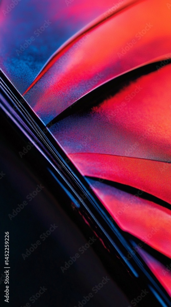 Poster vibrant abstract macro photography revealing fluid curves and dynamic color transitions from deep bl