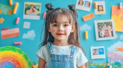 Fototapeta premium A creative photo collage of kids painting rainbows, laughing in a park, and playing with toys, each photo pinned on a corkboard-style scrapbook layout with crayon marks and handwritten labels.