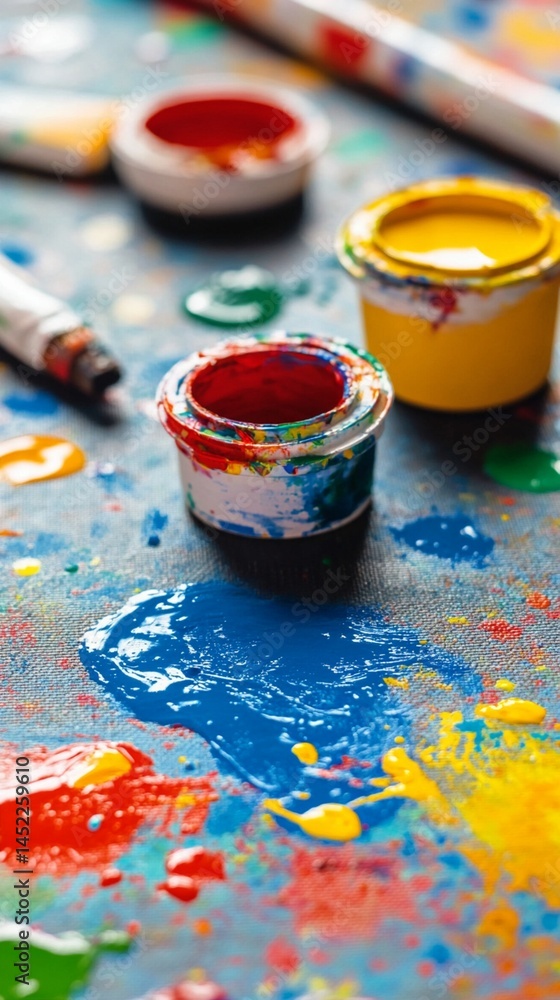 Poster vibrant art studio scene with messy paint jars and colorful splashes, capturing the creative chaos o