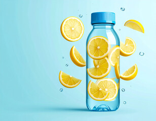 Bottle oc clean drinking water with falling lemon slices