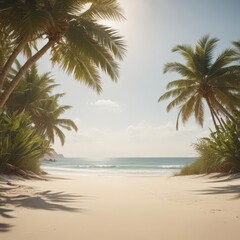Aged film effect showcases a tranquil tropical beach; palm fronds sway in the breeze above the soft sand ,  sand dunes,  nature
