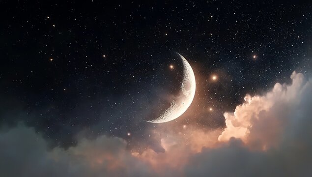 A crescent moon is floating in the night sky, surrounded by stars and wispy clouds, creating an