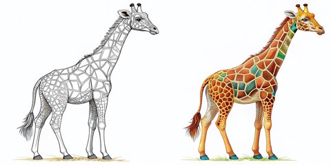 Naklejka premium Black and White Giraffe Coloring Page: Realistic Animal Illustration for Adults & Kids