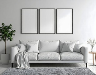 Modern Minimalist Living Room Interior Design with Neutral Tones and Blank Frames
