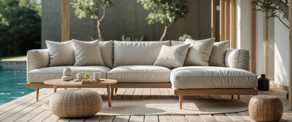 Modern outdoor lounge area featuring comfortable beige sofa and stylish decor items