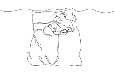 Continuous line drawing. Beautiful couple in sleeping pose on pillows, Man and woman sleeping on bed. Couple lying backs to each other during night rest. Romantic couple resting at night.