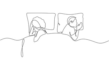 Continuous line drawing. Beautiful couple in sleeping pose on pillows, Man and woman sleeping on bed. Couple lying backs to each other during night rest. Romantic couple resting at night.